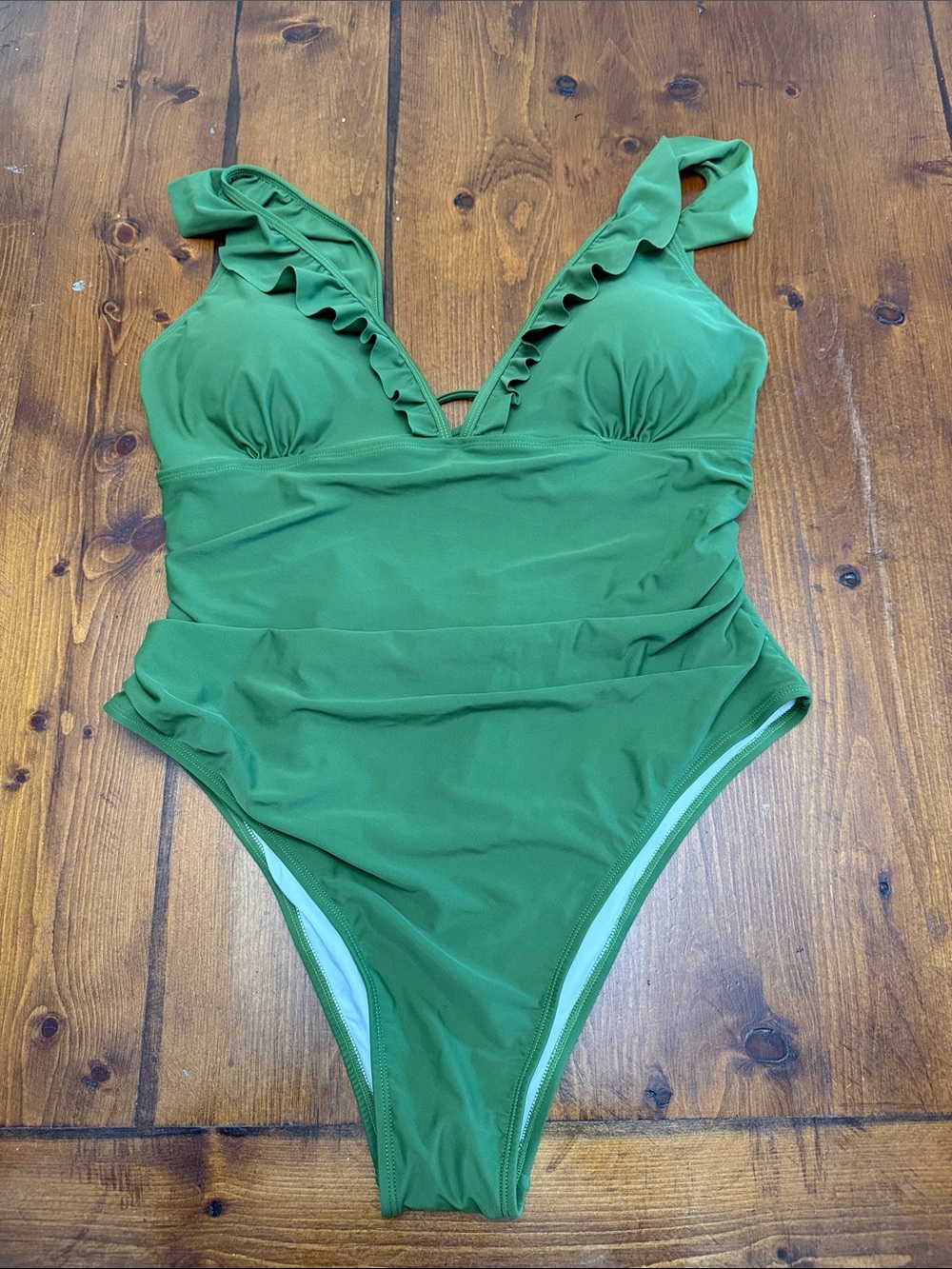 Ruffled V-Neck Green One-Piece Swimsuit